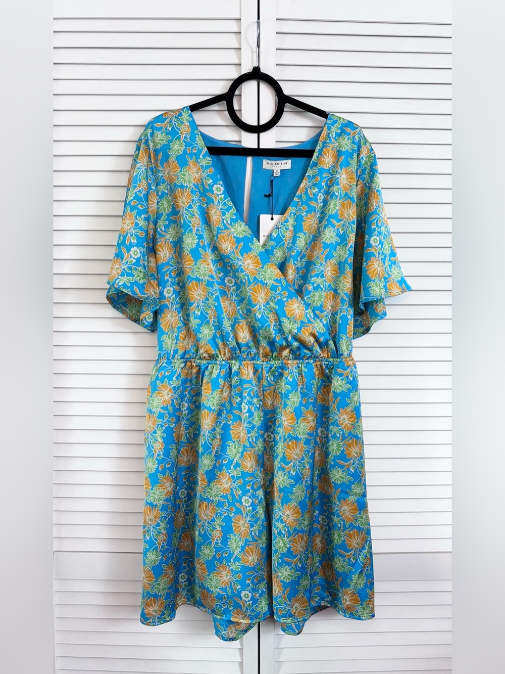 Skies Are Blue Women’s Blue Floral Mock Wrap Shorts Romper, Size: 1X, NWT